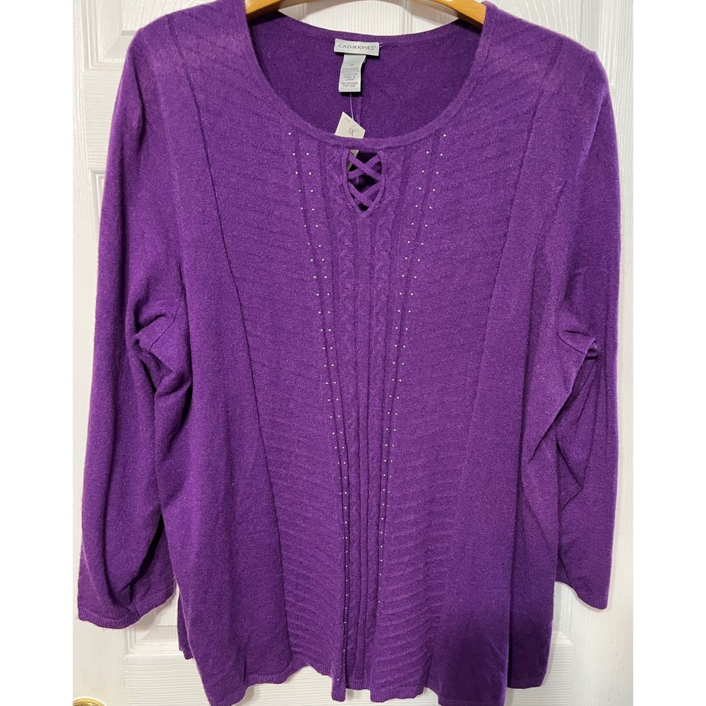 NWT Catherines Purple Embellished Lattice Neck Pullover Sweater Plus Size 3X